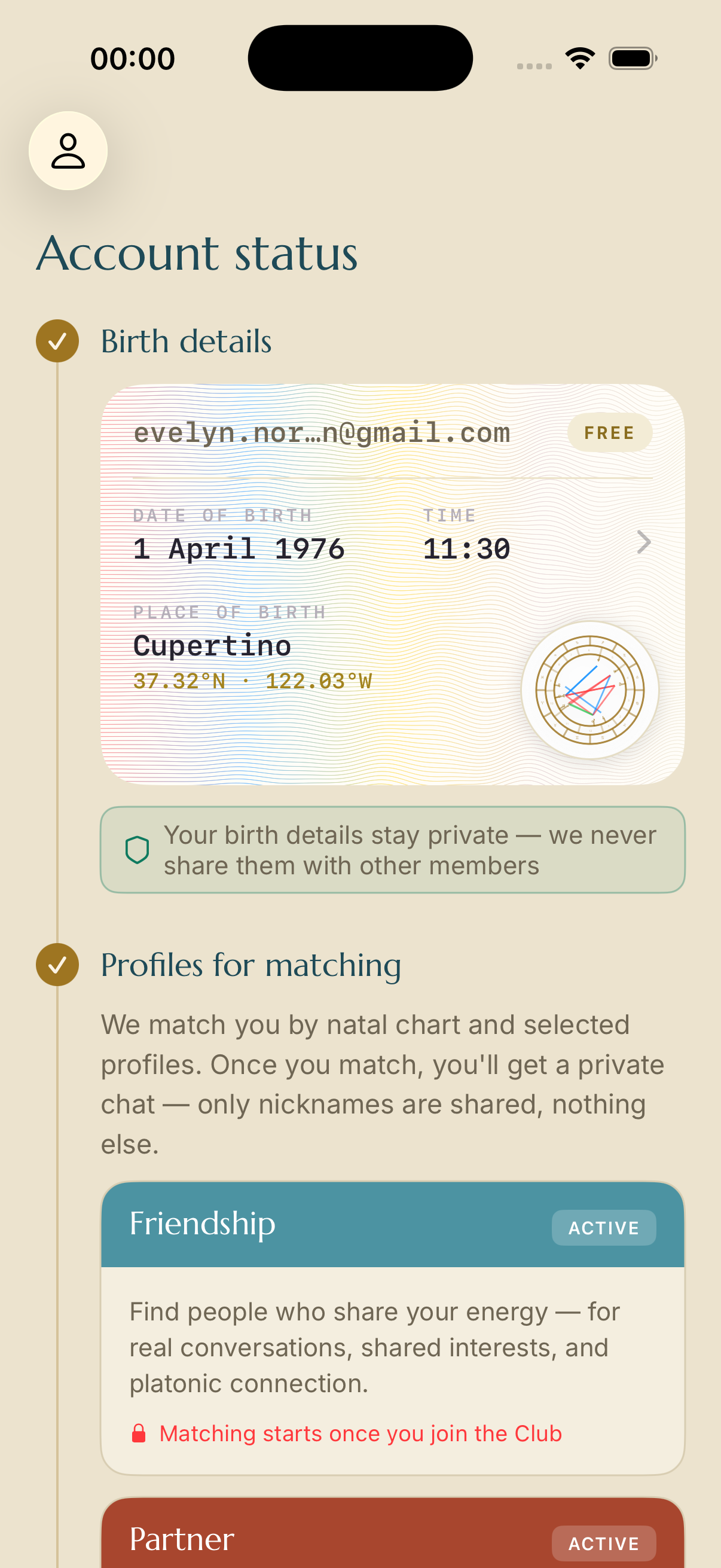 Synastria account status screen