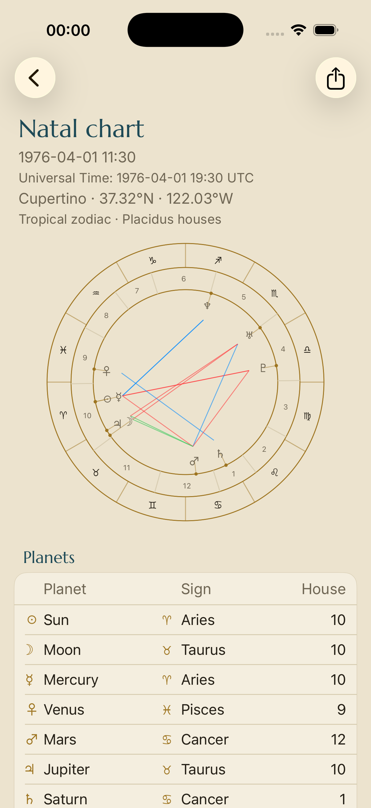 Synastria natal chart screen